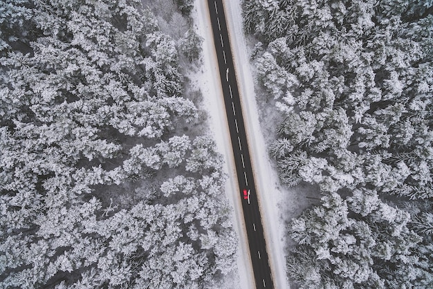 Vista aérea de uma estrada dividida na floresta de inverno