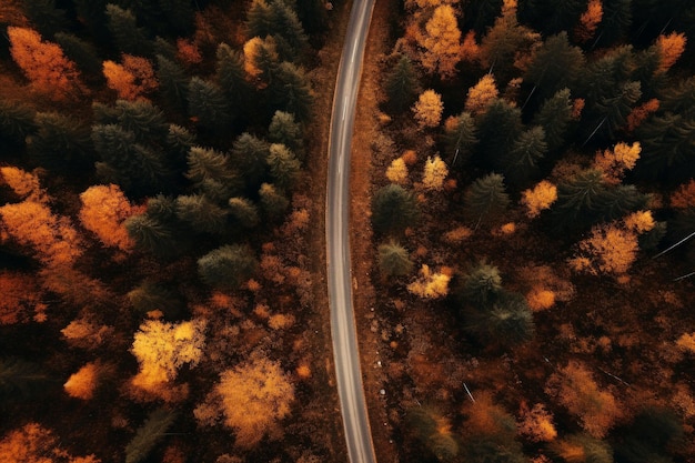 Vista aérea de uma estrada remota da floresta de outono
