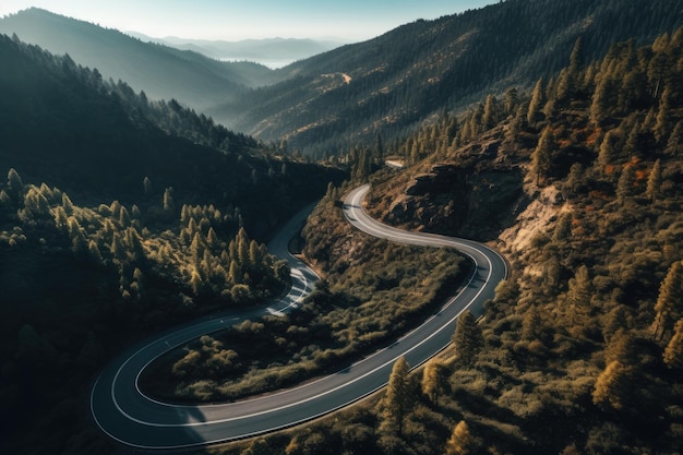 Vista aérea de uma estrada sinuosa nas montanhas ao pôr do sol Toned Uma visão panorâmica de uma estrada sinuosa de asfalto através de IA gerada