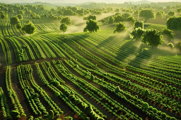 Vista aérea de uma extensa fazenda de legumes com nea