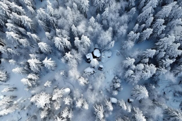 Vista aérea de uma floresta coberta de neve criada com IA generativa