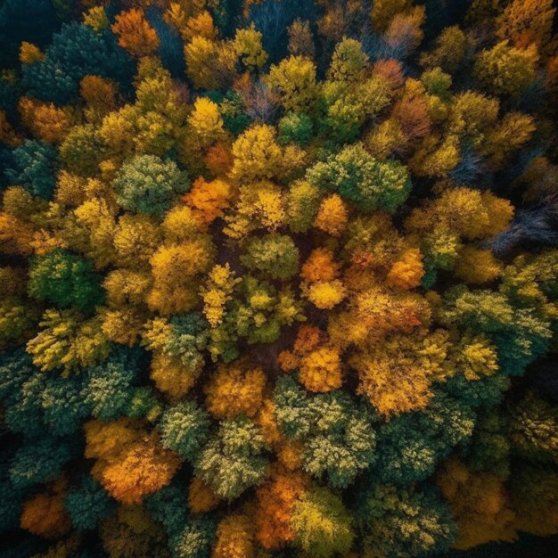 vista aérea de uma floresta com muitas árvores de cores diferentes