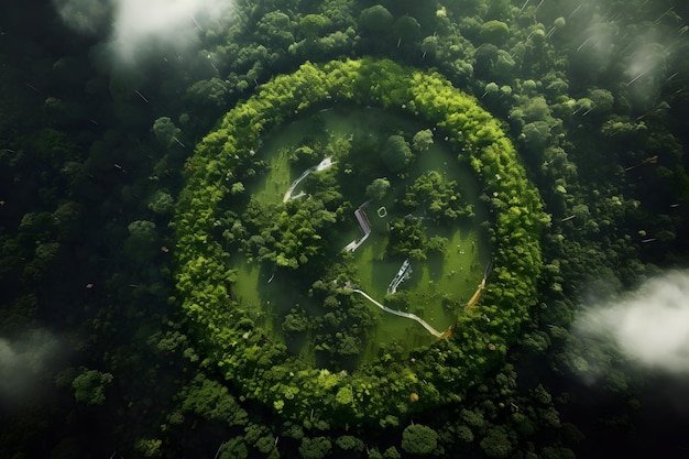 Vista aérea de uma floresta com um círculo de árvores e uma floresta no meio