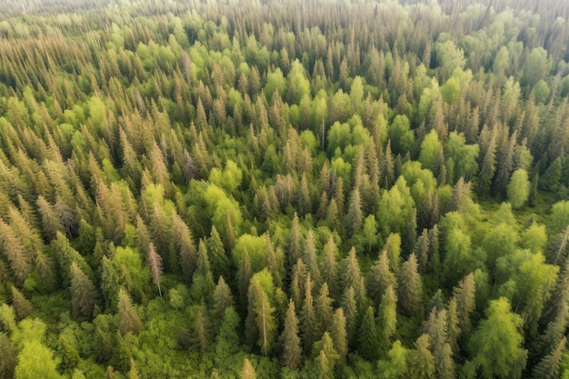 Vista aérea de uma floresta com uma floresta verde e o sol brilhando nas árvores.