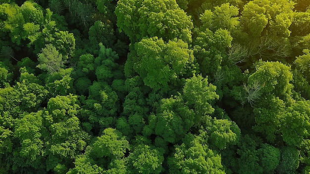 Vista aérea de uma floresta verde exuberante com o sol brilhando através das árvores