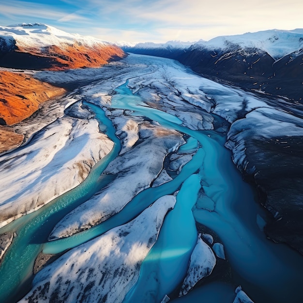 Vista aérea de uma geleira derretida com um rio