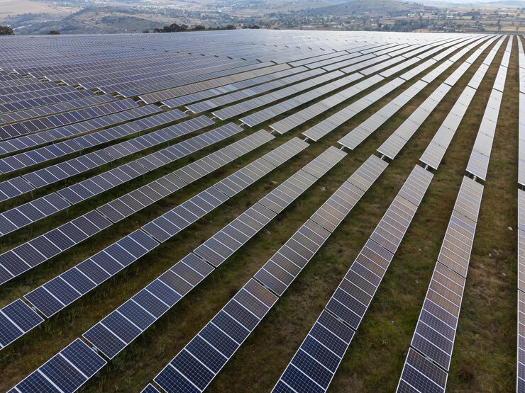 Vista aérea de uma grande fazenda de energia solar para o fornecimento de energia renovável no México