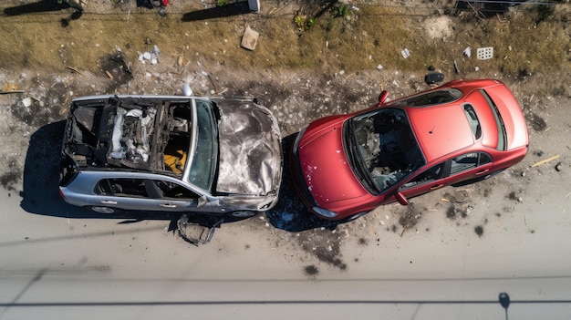 Vista aérea de uma grave colisão de dois carros na estrada