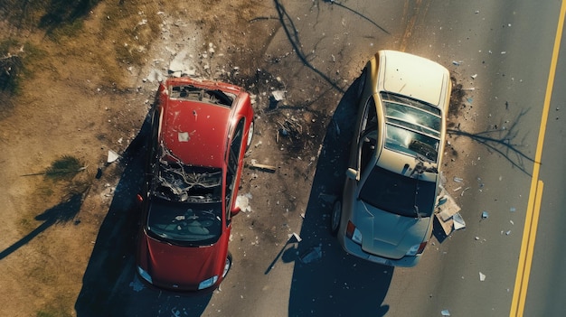 Foto vista aérea de uma grave colisão de dois carros na estrada