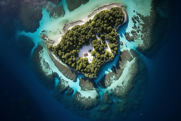 vista aérea de uma ilha em forma de coração com uma casa na ilha