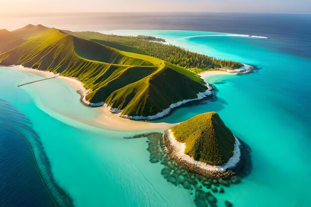 Vista aérea de uma ilha tropical com praia e palmeiras