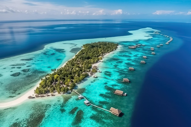 Vista aérea de uma ilha tropical na ilha Maldive Luxuoso sobre villas aquáticas no resort tropical AI