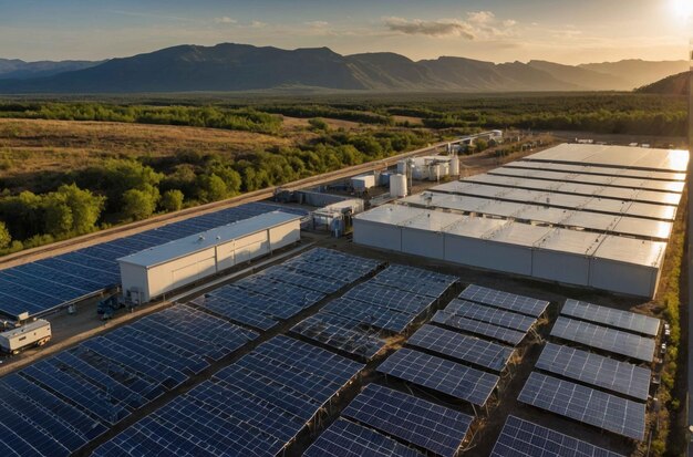 Foto vista aérea de uma instalação industrial com painéis solares