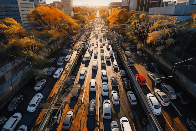 Vista aérea de uma interseção de trânsito na cidade As ruas movimentadas e os edifícios altos de uma cidade