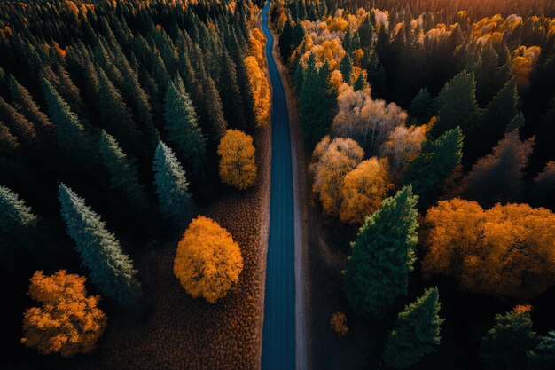 Vista aérea de uma linda floresta de outono