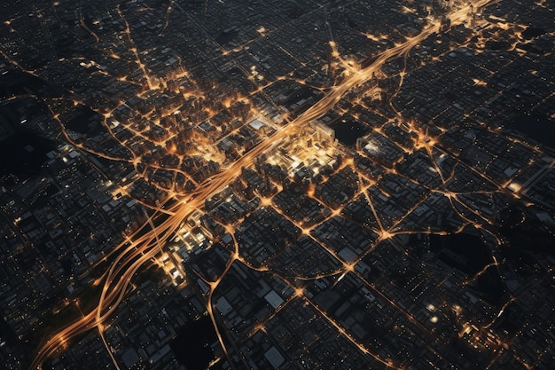 Vista aérea de uma metrópole urbana movimentada à noite