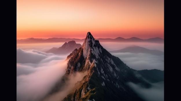 Vista aérea de uma montanha coberta de neblina sob o lindo céu rosa Generative AI AIG21