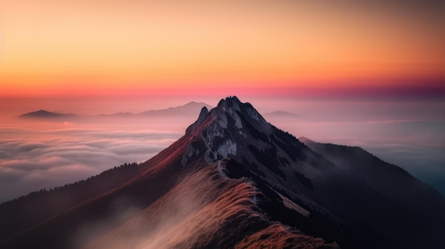 Vista aérea de uma montanha coberta de neblina sob o lindo céu rosa Generative AI AIG21