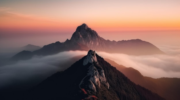 Vista aérea de uma montanha coberta de neblina sob o lindo céu rosa generative ai aig21