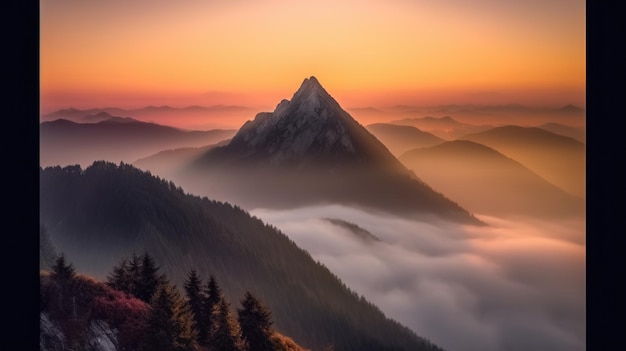 Vista aérea de uma montanha coberta de neblina sob o lindo céu rosa Generative AI AIG21