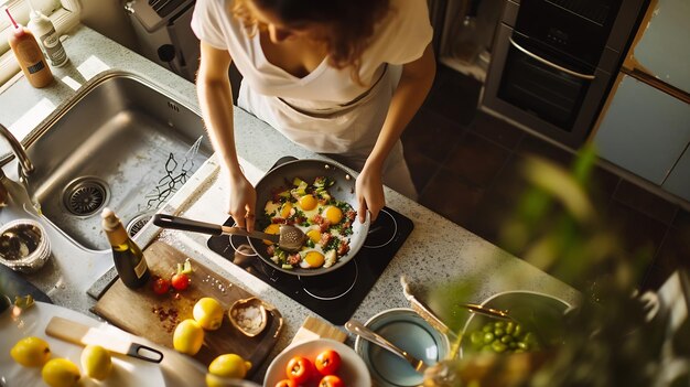 Foto vista aérea de uma mulher na cozinha preparando uma refeição rica em proteínas ai geradora