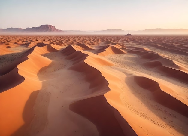 Vista aérea de uma paisagem desértica com formações rochosas e areia ao pôr-do-sol