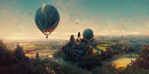 Vista aérea de uma paisagem europeia de um balão de ar quente com um casal apaixonado, renderização 3d