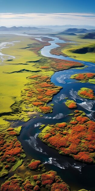 Foto vista aérea de uma paisagem exuberante cores ousadas maravilhas caprichosas
