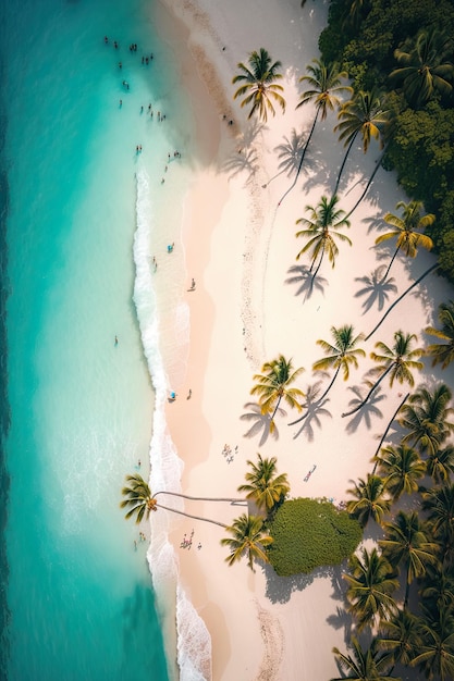 Vista aérea de uma paisagem tropical com palmeiras pessoas areia branca água azul e ondas geradas por IA