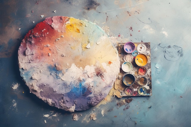 Vista aérea de uma paleta de artistas com pinturas coloridas de aquarela e uma pilha de papel