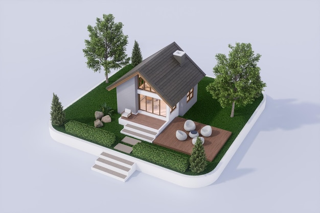 Vista aérea de uma pequena casa moderna contemporânea, terraço de madeira e jardim verde em 3D