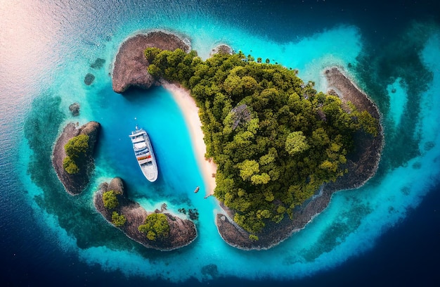 Vista aérea de uma pequena e bela ilha paradisíaca e barco de iate para o conceito de viagens de verão