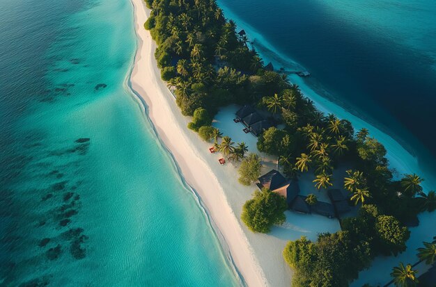 Vista aérea de uma pequena ilha no meio de vastas águas oceânicas