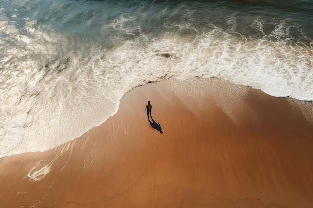 Vista aérea de uma pessoa a caminhar sobre areia molhada IA geradora