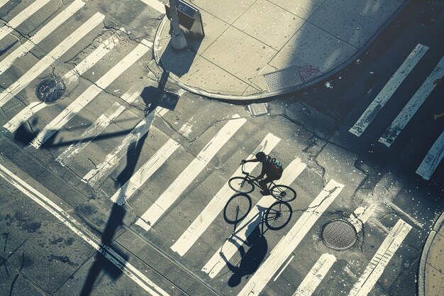 Vista aérea de uma pessoa andando de bicicleta em um ambiente urbano