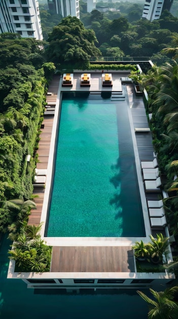 Vista aérea de uma piscina cercada de árvores