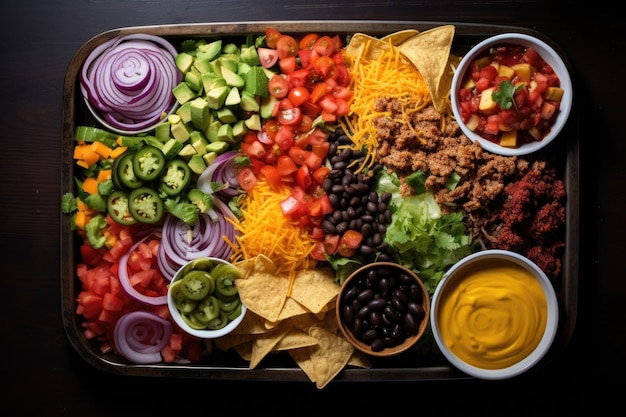 Vista aérea de uma placa de nachos totalmente carregada