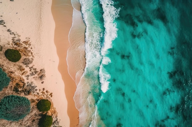 Vista aérea de uma praia com água turquesa e ondas