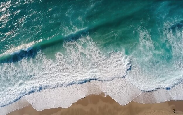 Vista aérea de uma praia com ondas e espuma do mar