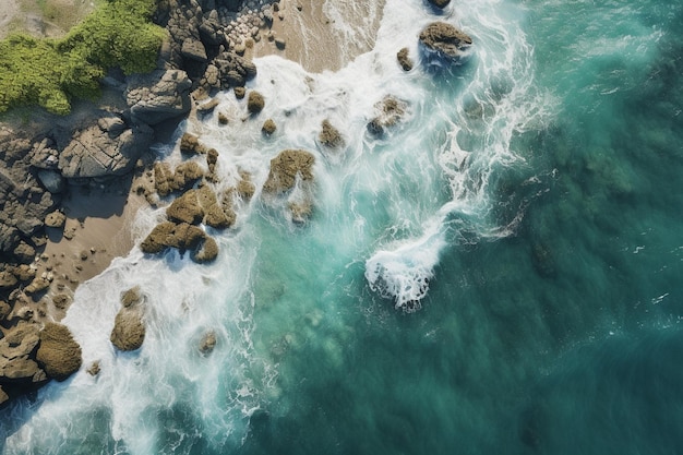 vista aérea de uma praia com pedras e água geradora de IA