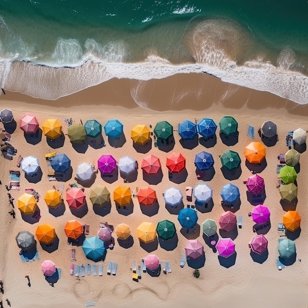 Vista aérea de uma praia no verão cheia de guarda-sóis e pessoas tomando banho