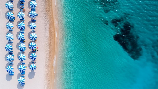 Foto vista aérea de uma praia tropical com guarda-chuvas azuis e brancos