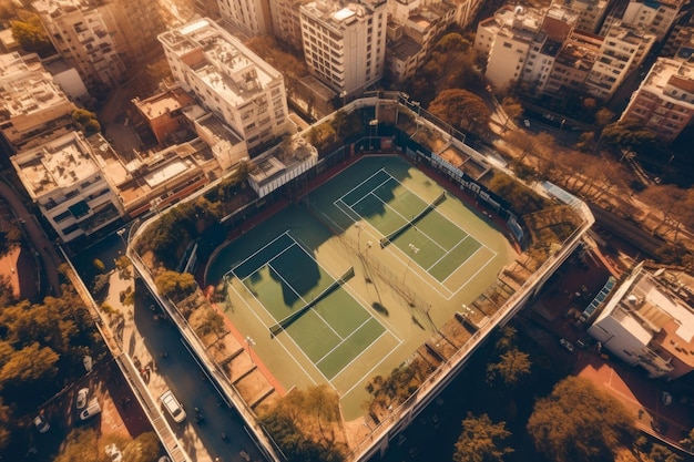 Vista aérea de uma quadra de tênis no coração de uma metrópole movimentada