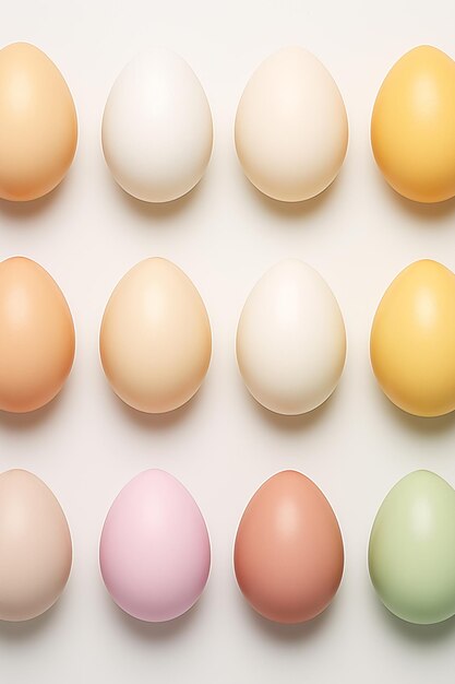 Vista aérea de uma variedade de ovos multicoloridos no cartão de Páscoa de fundo branco