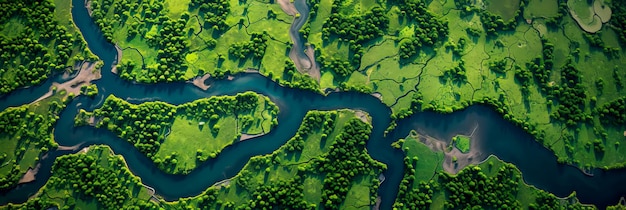 Vista aérea del delta de un río con exuberante vegetación y canales sinuosos
