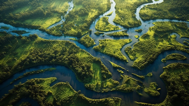 Vista aérea del delta de un río con una exuberante vegetación y sinuosos cursos de agua IA generativa