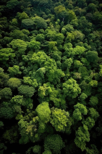 Vista aérea de un denso dosel de bosque verde creado con IA generativa