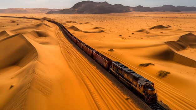 Vista aérea del desierto mauritano del largo tren de carga que transporta mineral de hierro a la costa atlántica