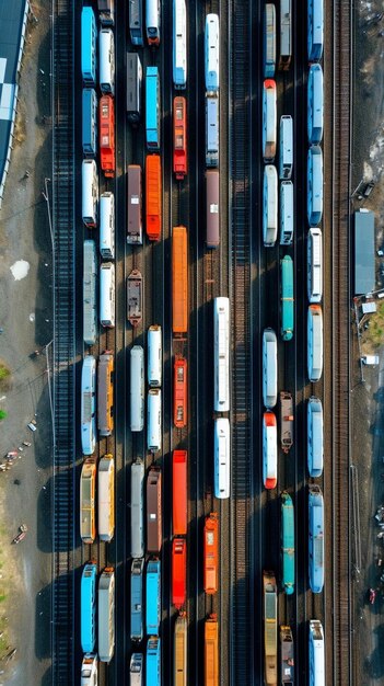 Foto vista aérea directamente por encima de los trenes de pasajeros de alta velocidad que se dirigen hacia un cruce ferroviario en un carril