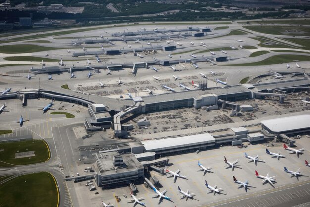 Vista aérea do aeroporto movimentado com aviões pousando e decolando criado com generative ai